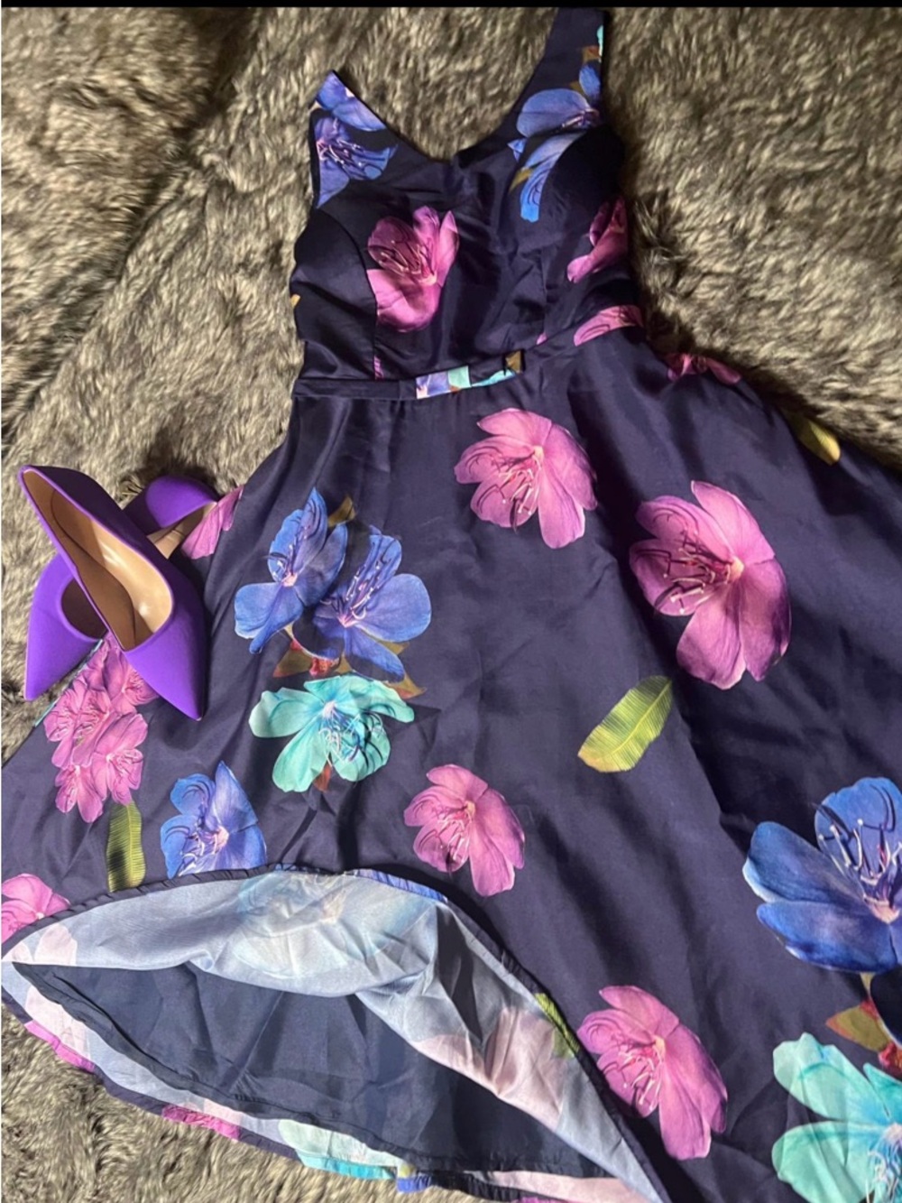 Floral Fit-and-Flare Dress in Navy with Pink & Blue Blooms